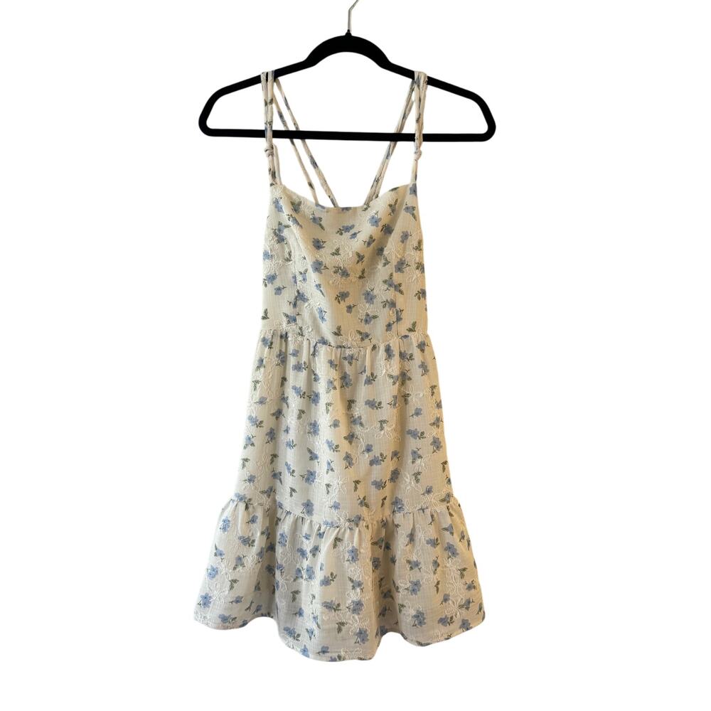 Kestan Strappy Cross Back Mini Dress Size S White Blue Floral Textured Tiered